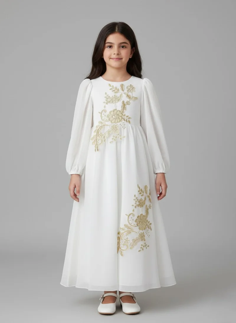 بيبي كلو Girls White Arabic Floral Embroidered Occasion Maxi